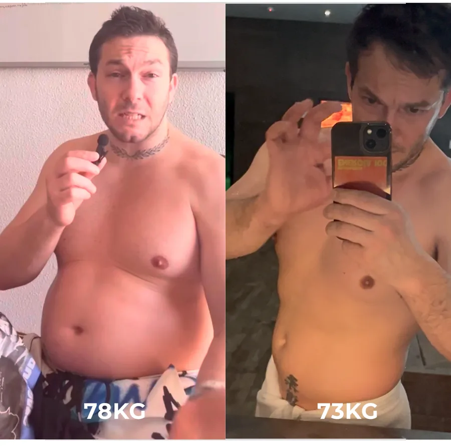 Peter, antes y después, 78kg a 73kg en 12 semanas